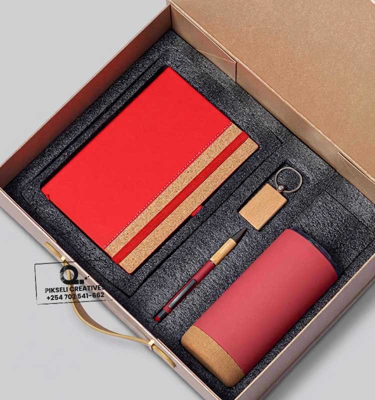 BAMBOO-SET-GIFT-SET-D Custom Branded Cork Bottom Corporate Gift Set Red