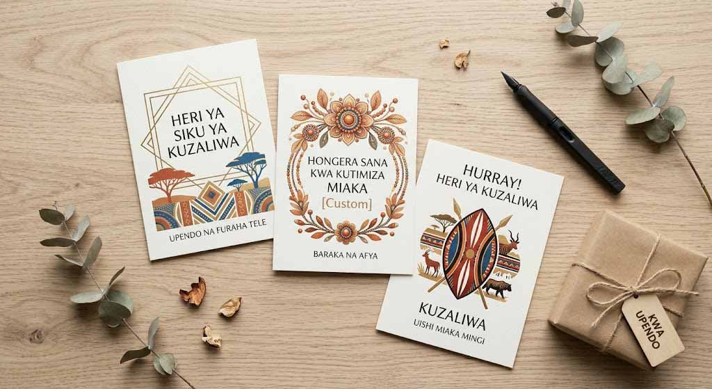 A-flat-lay-with-three-Swahili-cards,-a-pen,-and-a-wrapped-gift-on-wood.---PIKSELI-CREATIVES-SWAHILI-CARDS